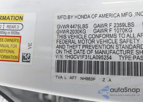 2020 Honda Accord Sport z USA, uszkodzony, nr VIN 1HGCV1F31LA095254